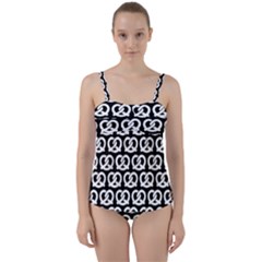 Black And White Pretzel Illustrations Pattern Twist Front Tankini Set by GardenOfOphir