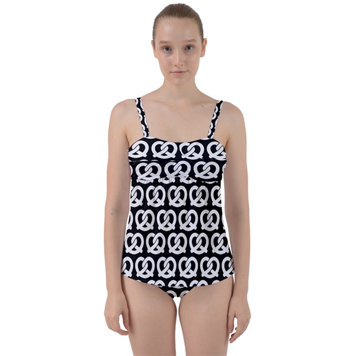 Black And White Pretzel Illustrations Pattern Twist Front Tankini Set