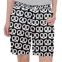 Black And White Pretzel Illustrations Pattern Women s Pocket Shorts by GardenOfOphir