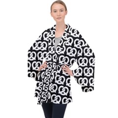 Black And White Pretzel Illustrations Pattern Long Sleeve Velvet Kimono  by GardenOfOphir