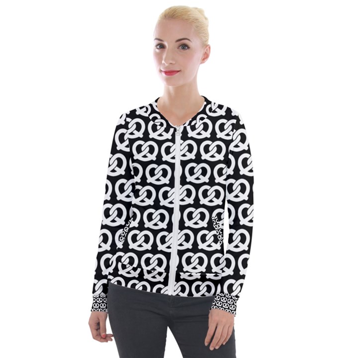 Black And White Pretzel Illustrations Pattern Velvet Zip Up Jacket