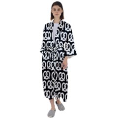 Black And White Pretzel Illustrations Pattern Maxi Satin Kimono by GardenOfOphir