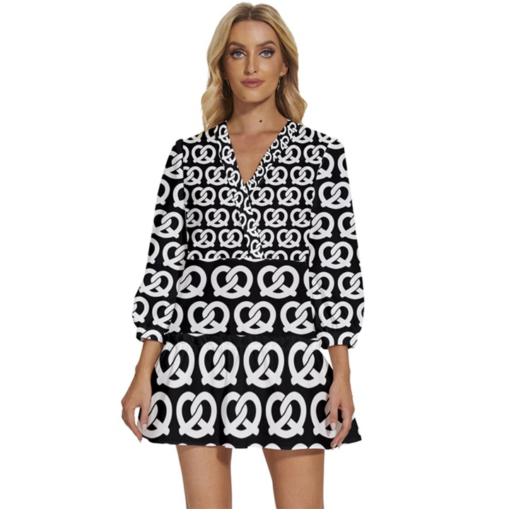 Black And White Pretzel Illustrations Pattern V-Neck Placket Mini Dress