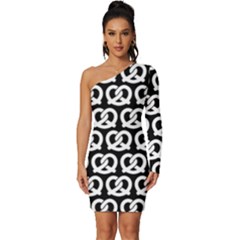 Black And White Pretzel Illustrations Pattern Long Sleeve One Shoulder Mini Dress