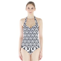 Gray Pretzel Illustrations Pattern Halter Swimsuit by GardenOfOphir