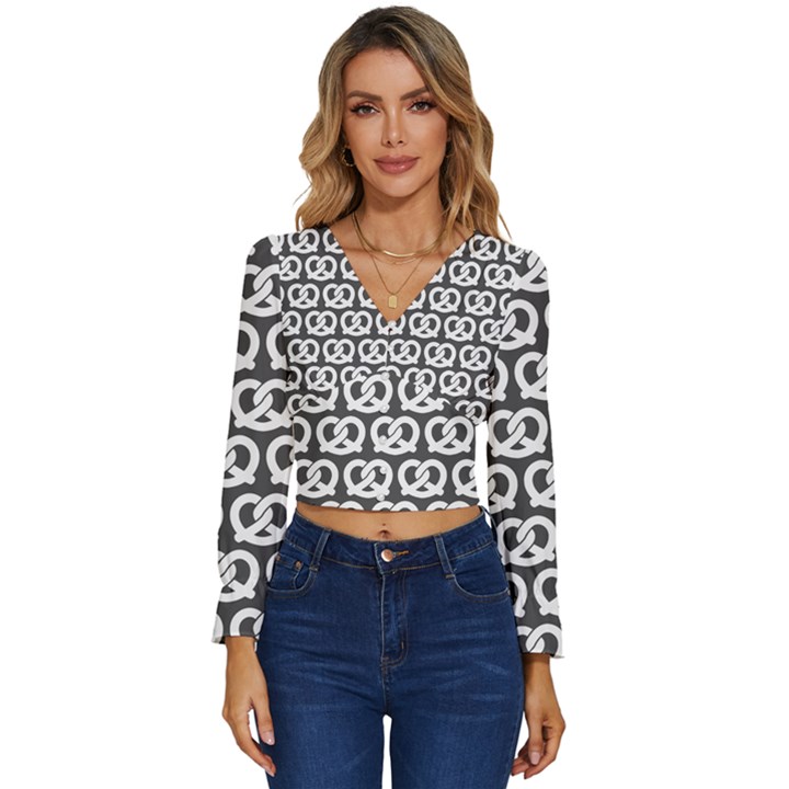 Gray Pretzel Illustrations Pattern Long Sleeve V-Neck Top