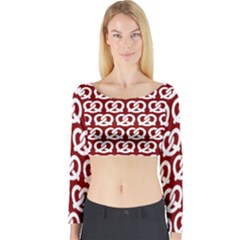 Red Pretzel Illustrations Pattern Long Sleeve Crop Top by GardenOfOphir