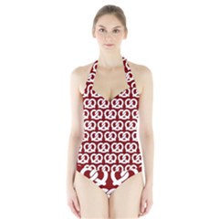 Red Pretzel Illustrations Pattern Halter Swimsuit by GardenOfOphir