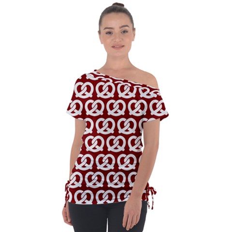 Red Pretzel Illustrations Pattern Off Shoulder Tie-up Tee by GardenOfOphir