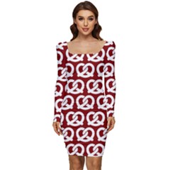 Red Pretzel Illustrations Pattern Women Long Sleeve Ruched Stretch Jersey Dress by GardenOfOphir