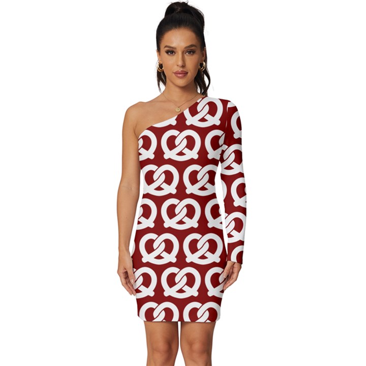 Red Pretzel Illustrations Pattern Long Sleeve One Shoulder Mini Dress