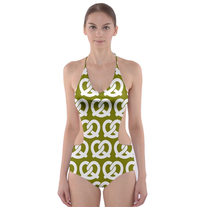 Olive Pretzel Illustrations Pattern Cut-Out One Piece Swimsuit