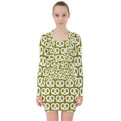 Olive Pretzel Illustrations Pattern V-neck Bodycon Long Sleeve Dress by GardenOfOphir