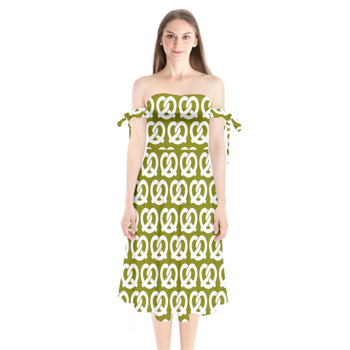 Olive Pretzel Illustrations Pattern Shoulder Tie Bardot Midi Dress