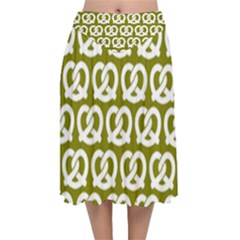 Olive Pretzel Illustrations Pattern Velvet Flared Midi Skirt by GardenOfOphir