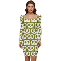 Olive Pretzel Illustrations Pattern Women Long Sleeve Ruched Stretch Jersey Dress by GardenOfOphir