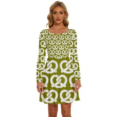 Olive Pretzel Illustrations Pattern Long Sleeve Wide Neck Velvet Dress by GardenOfOphir