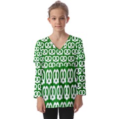 Green Pretzel Illustrations Pattern Kids  V Neck Casual Top by GardenOfOphir