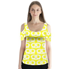 Yellow Pretzel Illustrations Pattern Butterfly Sleeve Cutout Tee 