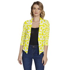 Yellow Pretzel Illustrations Pattern Women s Draped Front 3/4 Sleeve Shawl Collar Jacket by GardenOfOphir