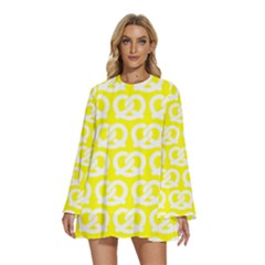 Yellow Pretzel Illustrations Pattern Round Neck Long Sleeve Bohemian Style Chiffon Mini Dress