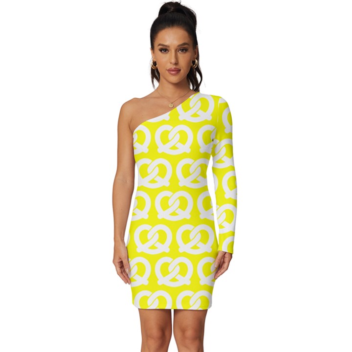 Yellow Pretzel Illustrations Pattern Long Sleeve One Shoulder Mini Dress