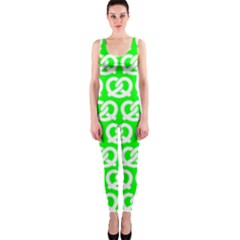 Neon Green Pretzel Illustrations Pattern One Piece Catsuit by GardenOfOphir