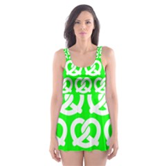 Neon Green Pretzel Illustrations Pattern Skater Dress Swimsuit by GardenOfOphir