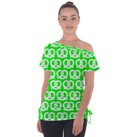 Neon Green Pretzel Illustrations Pattern Off Shoulder Tie-up Tee by GardenOfOphir