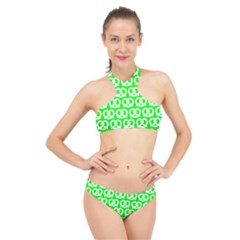 Neon Green Pretzel Illustrations Pattern High Neck Bikini Set by GardenOfOphir