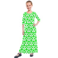 Neon Green Pretzel Illustrations Pattern Kids  Quarter Sleeve Maxi Dress by GardenOfOphir