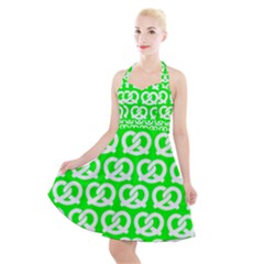 Neon Green Pretzel Illustrations Pattern Halter Party Swing Dress  by GardenOfOphir