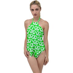 Neon Green Pretzel Illustrations Pattern Go With The Flow One Piece Swimsuit by GardenOfOphir