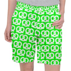 Neon Green Pretzel Illustrations Pattern Women s Pocket Shorts by GardenOfOphir