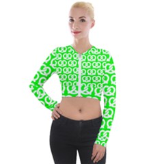 Neon Green Pretzel Illustrations Pattern Long Sleeve Cropped Velvet Jacket by GardenOfOphir