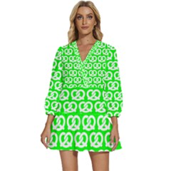 Neon Green Pretzel Illustrations Pattern V-neck Placket Mini Dress by GardenOfOphir