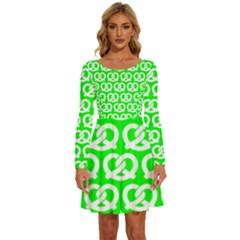 Neon Green Pretzel Illustrations Pattern Long Sleeve Wide Neck Velvet Dress by GardenOfOphir