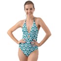 Teal Pretzel Illustrations Pattern Halter Cut-Out One Piece Swimsuit View1