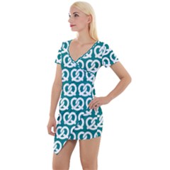 Teal Pretzel Illustrations Pattern Short Sleeve Asymmetric Mini Dress by GardenOfOphir