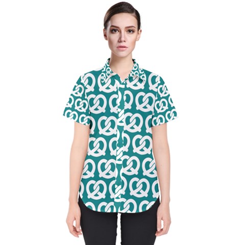 Teal Pretzel Illustrations Pattern Women s Short Sleeve Shirt by GardenOfOphir