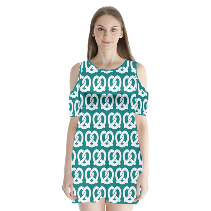 Teal Pretzel Illustrations Pattern Shoulder Cutout Velvet One Piece