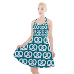 Teal Pretzel Illustrations Pattern Halter Party Swing Dress 