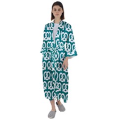 Teal Pretzel Illustrations Pattern Maxi Satin Kimono by GardenOfOphir