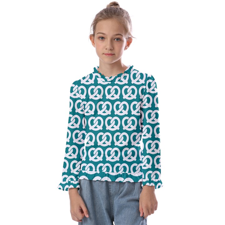 Teal Pretzel Illustrations Pattern Kids  Frill Detail Tee