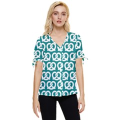 Teal Pretzel Illustrations Pattern Bow Sleeve Button Up Top by GardenOfOphir