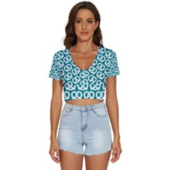 Teal Pretzel Illustrations Pattern V-neck Crop Top by GardenOfOphir