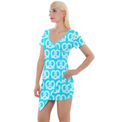 Aqua Pretzel Illustrations Pattern Short Sleeve Asymmetric Mini Dress by GardenOfOphir