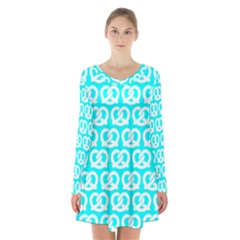 Aqua Pretzel Illustrations Pattern Long Sleeve Velvet V-neck Dress by GardenOfOphir