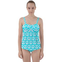 Aqua Pretzel Illustrations Pattern Twist Front Tankini Set by GardenOfOphir