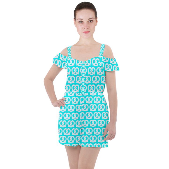 Aqua Pretzel Illustrations Pattern Ruffle Cut Out Chiffon Playsuit